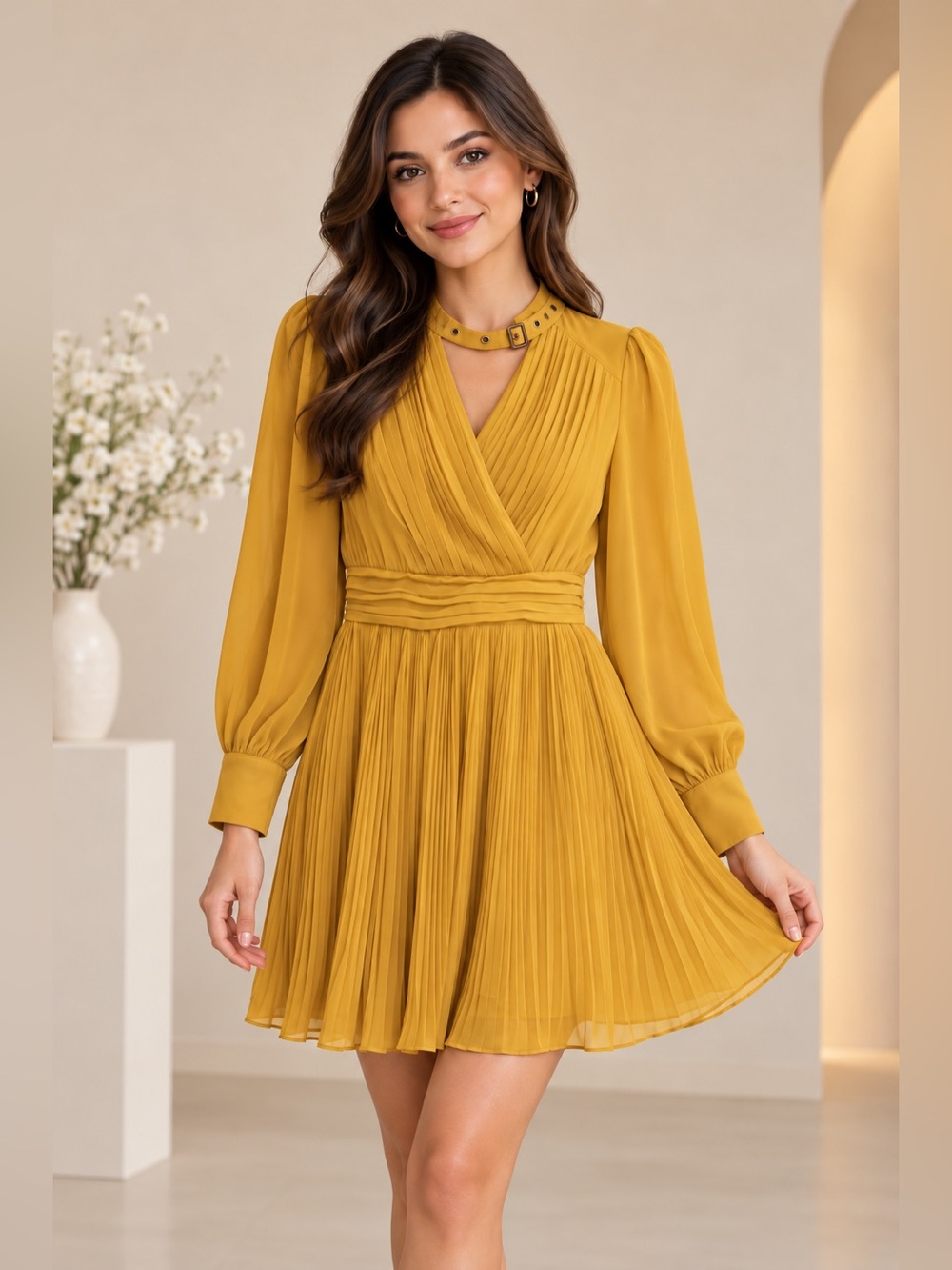 Double Zero Mustard Yellow Pleated Long Sleeve Dress Size Small